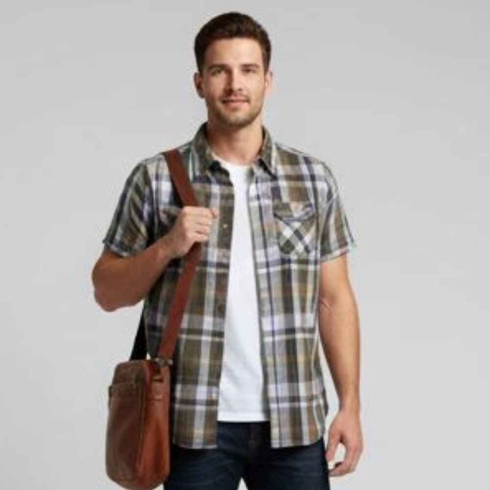 Guess Shirt Mens Medium Olive Tan Plaid Short Sleeve Button Up Heritage Preppy